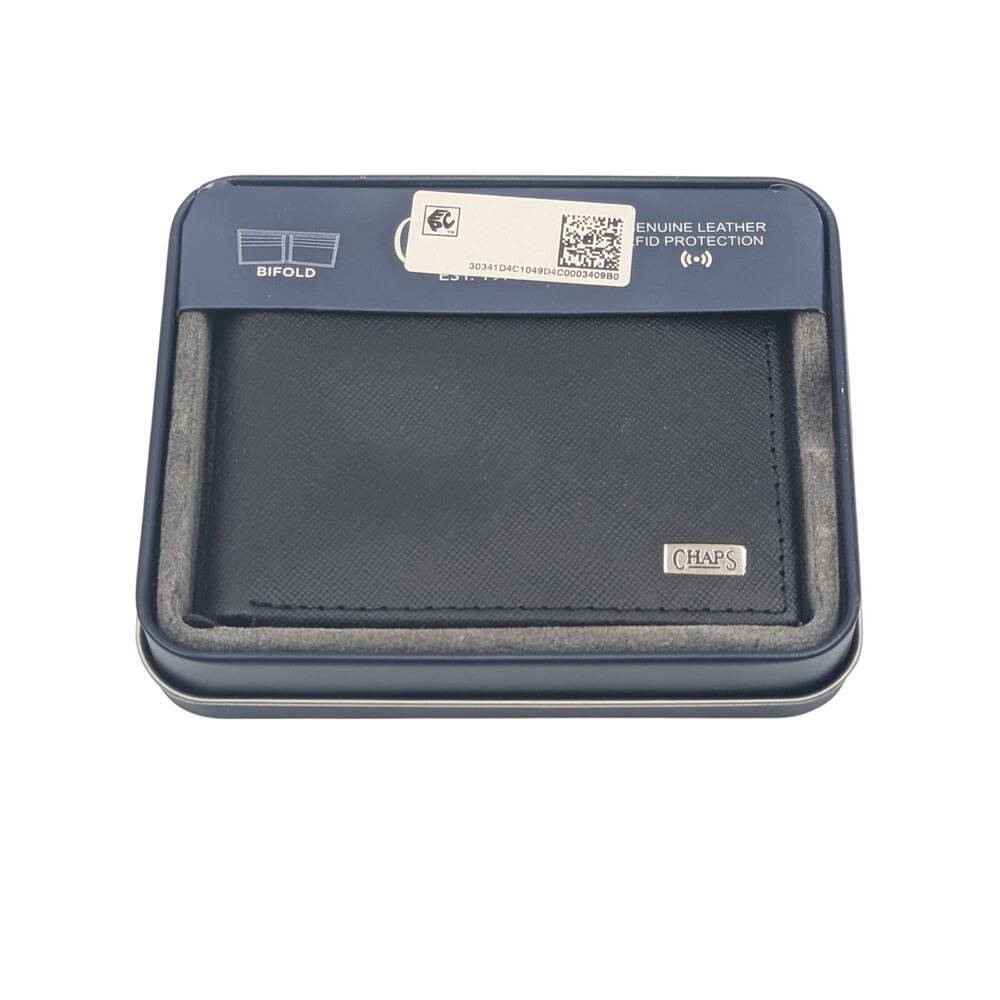 Chaps Men’s Black Leather Wallet RFID Blocking Traveler Bifold NWT